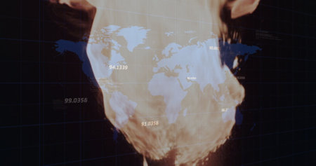 Image of financial data processing over flames. Global finance, business, connections, computing and data processing concept digitally generated image.の写真素材