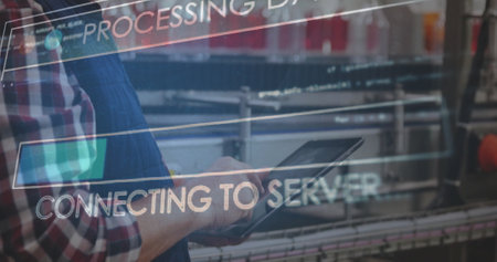 Processing data and discovering database image over person using tablet in laboratory. Technology,...