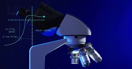Image of scientific data processing over microscope in laboratory. Global science, connections, computing and data processing concept digitally generated image.の写真素材