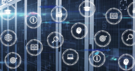 Image of data processing and business icons over server room. Global business, technology and digital interface concept digitally generated image.の写真素材