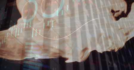 Image of financial data processing over flames. Global finance, business, connections, computing and data processing concept digitally generated image.の写真素材