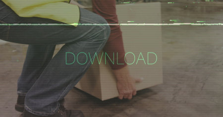 Man in warehouse walking, DOWNLOAD text image over scene. Logistics, inventory, supply chain, industrial, storage, distributionの写真素材