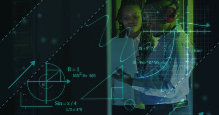 Image of scientific data processing over diverse it technicians by servers. Global science, connections, computing and data processing concept digitally generated image.の写真素材