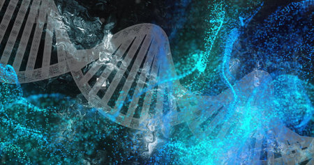 DNA strand and molecular structure image over blue and turquoise background. Biotechnology, genetics, molecule, science, research, biologyの写真素材