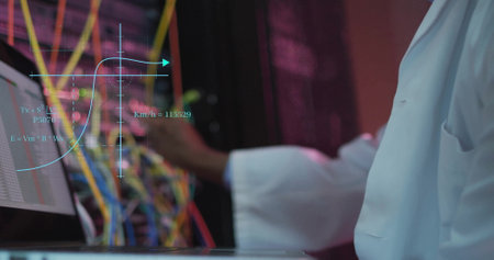 Image of scientific data processing over african american male it technician by servers. Global science, connections, computing and data processing concept digitally generated image.の写真素材