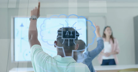 Image of ai data processing over diverse students at school. Artificial intelligence, education, connections, computing and data processing concept digitally generated image.の写真素材