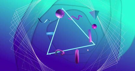 Image of 3d network structure with rotating triangle and 3d shapes on abstract blue background. Abstract, network, processing, connection and communication, digitally generated image.の写真素材