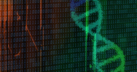 Image of dna strand over data processing and network of connections on black background. Global science, medicine, computing and digital interface concept digitally generated image.の写真素材