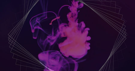 Image of white 3d network structure over purple smoke moving on black background. Abstract, network,...