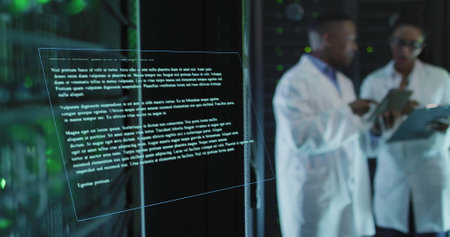 Image of data processing over diverse scientists wearing lab coats using tablet. Global science, medicine, computing and digital interface concept digitally generated image.の写真素材