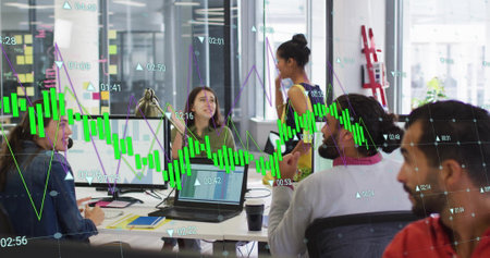 Image of green graph processing data over diverse colleagues high fiving at casual office. Business,...