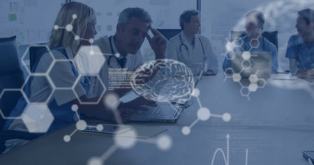 Image of human brains and digital data processing over diverse doctors. Global science, connections,...
