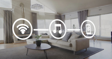 Image of network of wifi and media icons over modern living room. Network, data, digital interface, connection, lifestyle, domestic life and communication, digitally generated image.の写真素材