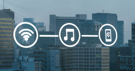 Image of network of wifi and media icons over modern cityscape. Network, data, digital interface, connection, business and communication, digitally generated image.の写真素材