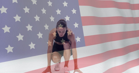 Image of flag of usa over african american female athlete. Global sports, sport disciplines and flags concept digitally generated image.の写真素材
