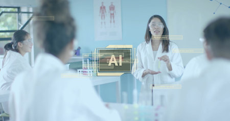 Image of ai data processing over diverse students in laboratory. Artificial intelligence, education, connections, computing and data processing concept digitally generated image.の写真素材