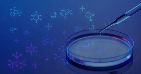 Image of scientific data processing over pipette and dish in laboratory. Global science, connections, computing and data processing concept digitally generated image.の写真素材