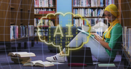 Image of ai text and data over biracial female student in hijab with laptop. Global artificial intelligence, connections, computing and data processing concept digitally generated image.の写真素材