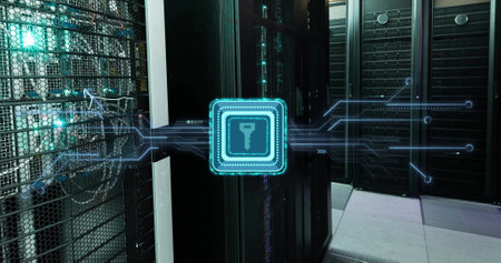 Image of shapes and key over server room. Global business, technology and digital interface concept...