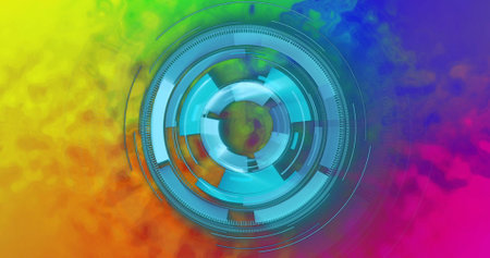 Image of scope scanning on colourful background. Global technology, online security, computing and digital interface concept digitally generated image.の写真素材