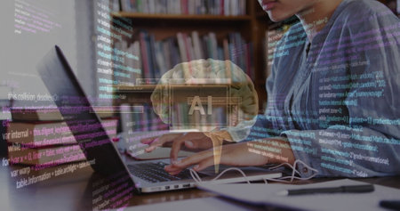 Image of ai text and data over biracial female student in hijab with laptop. Global artificial intelligence, connections, computing and data processing concept digitally generated image.の写真素材