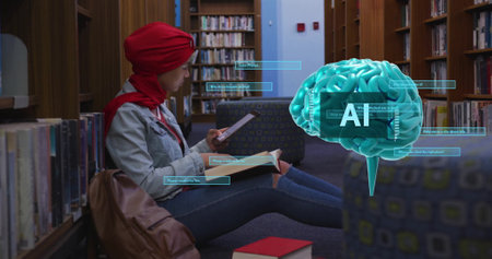 Image of ai text, brain and data over biracial female student in hijab reading book. Global artificial intelligence, connections, computing and data processing concept digitally generated image.の写真素材