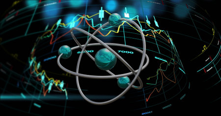 Image of atom spinning and digital data processing over black background. Global science, connections, computing and data processing concept digitally generated image.の写真素材