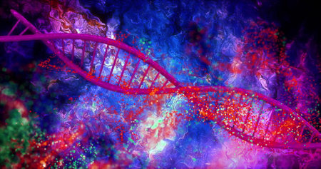 DNA strand and colorful particles, scientific data processing image. Science, genetics, biotechnology, molecular, research, technologyの写真素材