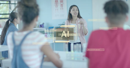 Image of ai data processing over diverse students in laboratory. Artificial intelligence, education, connections, computing and data processing concept digitally generated image.の写真素材
