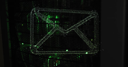 Image of shapes and envelope over server room. Global business, technology and digital interface concept digitally generated image.の写真素材