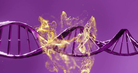 DNA strand with glowing particles image on purple background. Biotechnology, genetics, molecular, science, research, technologyの写真素材