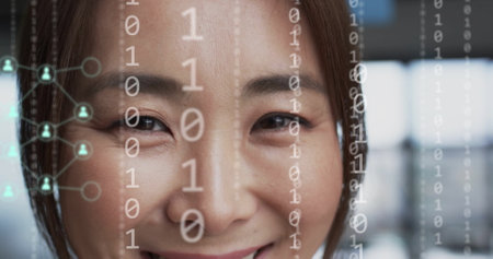 Image of digital icons, binary coding data processing over asian businesswoman in office. Global finance, business, connections, computing and data processing concept digitally generated image.の写真素材