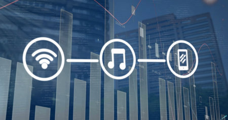 Image of network of wifi and media icons over data processing and modern cityscape. Network, data, digital interface, connection, business and communication, digitally generated image.の写真素材