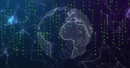 Image of data processing over globe and network of connections on black background. Global technology, online security, computing and digital interface concept digitally generated image.の写真素材