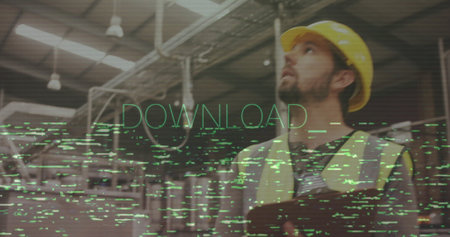 Worker in safety gear holding clipboard, DOWNLOAD text image over industrial background....
