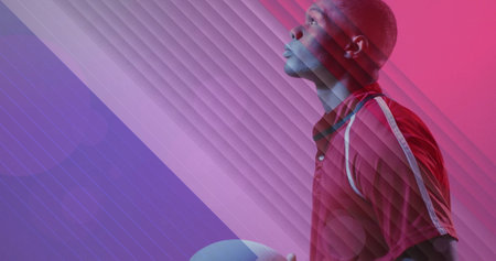 Image of flag of france over african american male rugby player with ball. Sports, competition and active lifestyle concept digitally generated image.の写真素材