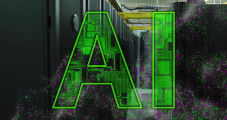 Image of ai text and data processing over computer servers. Global artificial intelligence,...