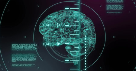 Image of human brain and digital data processing over black background. Global science, connections, computing and data processing concept digitally generated image.の写真素材