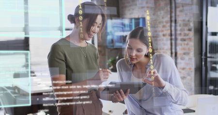 Image of screens and data processing over diverse business people in office. Global finance,...