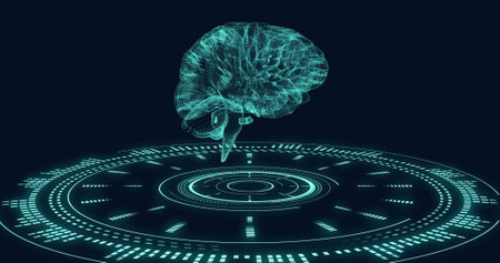Image of human brain and digital data processing over black background. Global science, connections, computing and data processing concept digitally generated image.の写真素材
