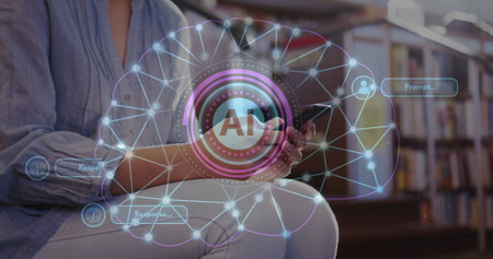 Image of ai text and data over biracial female student using smartphone. Global artificial...