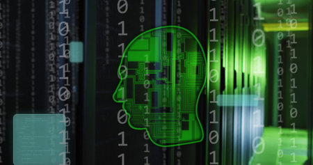 Image of head, binary coding data processing over computer servers. Global artificial intelligence, connections, computing and data processing concept digitally generated image.の写真素材