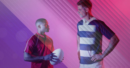 Image of flag of france over diverse male rugby players with ball. Sports, competition and active lifestyle concept digitally generated image.の写真素材