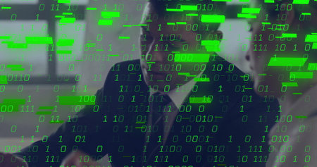 Image of binary coding data processing over diverse business people in office. Global finance,...