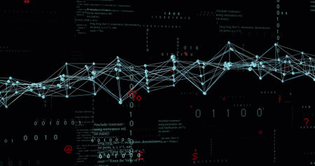 Image of network of connections over data processing on black background. Global technology, online security, computing and digital interface concept digitally generated image.の写真素材