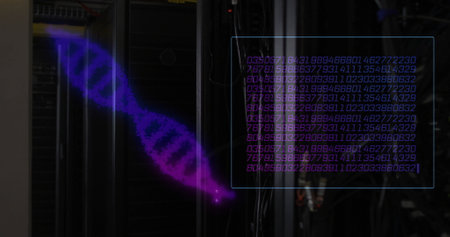 Image of dna strands and data processing over server room. Global science, medicine, computing and digital interface concept digitally generated image.の写真素材