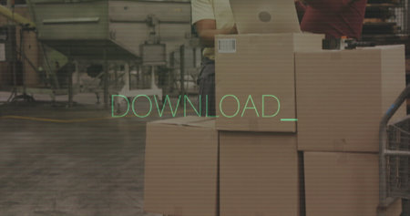 Download text image over workers in warehouse with boxes. Logistics, supply chain, shipping, storage, employees, inventoryの写真素材