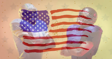 Image of diverse american football players with ball and flag of usa. American patriotism, sports and competition concept digitally generated image.の写真素材