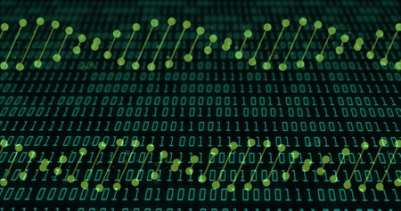 Image of dna strands over data processing on black background. Global science, medicine, computing and digital interface concept digitally generated image.の写真素材