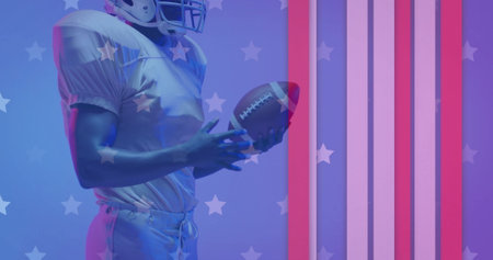 Image of african american american football player and flag of usa. American patriotism, sports and competition concept digitally generated image.の写真素材